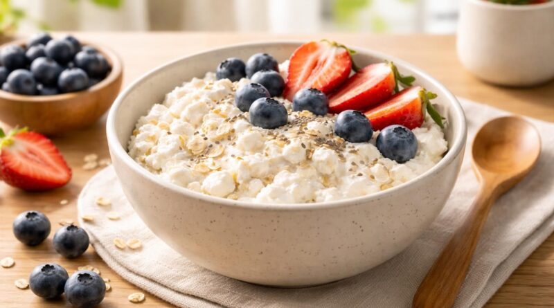 recette saine et délicieuse de petit déjeuner avec flocons d'avoine et fromage blanc, parfaite pour un régime équilibré.